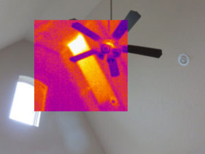 thermal imaging ceiling showing a ceiling fan with missing insulation beyond