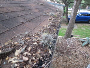 a roof gutter with leaves and dirt on it
