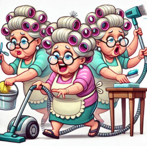 a group of women with hair rollers and a vacuum cleaner